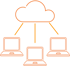 Drei Laptops sind über Linien mit einer orangefarbenen Cloud verbunden.