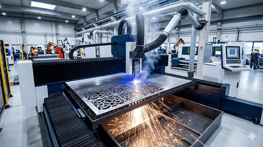Laserschneidmaschine schneidet eine Metallplatte