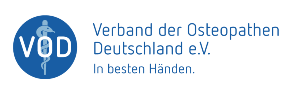 Logo des Verbandes der Osteopathen Deutschland e.V. mit Äskulapstab und Slogan "In besten Händen".
