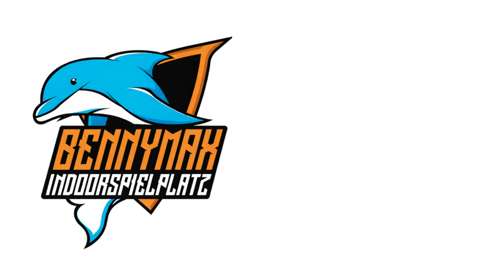 Ein blaues Delfin-Logo mit der Aufschrift „BENNYMAX INDOORSPIELPLATZ“ in orangefarbener Schrift auf einem schwarzen und orangefarbenen Schild.