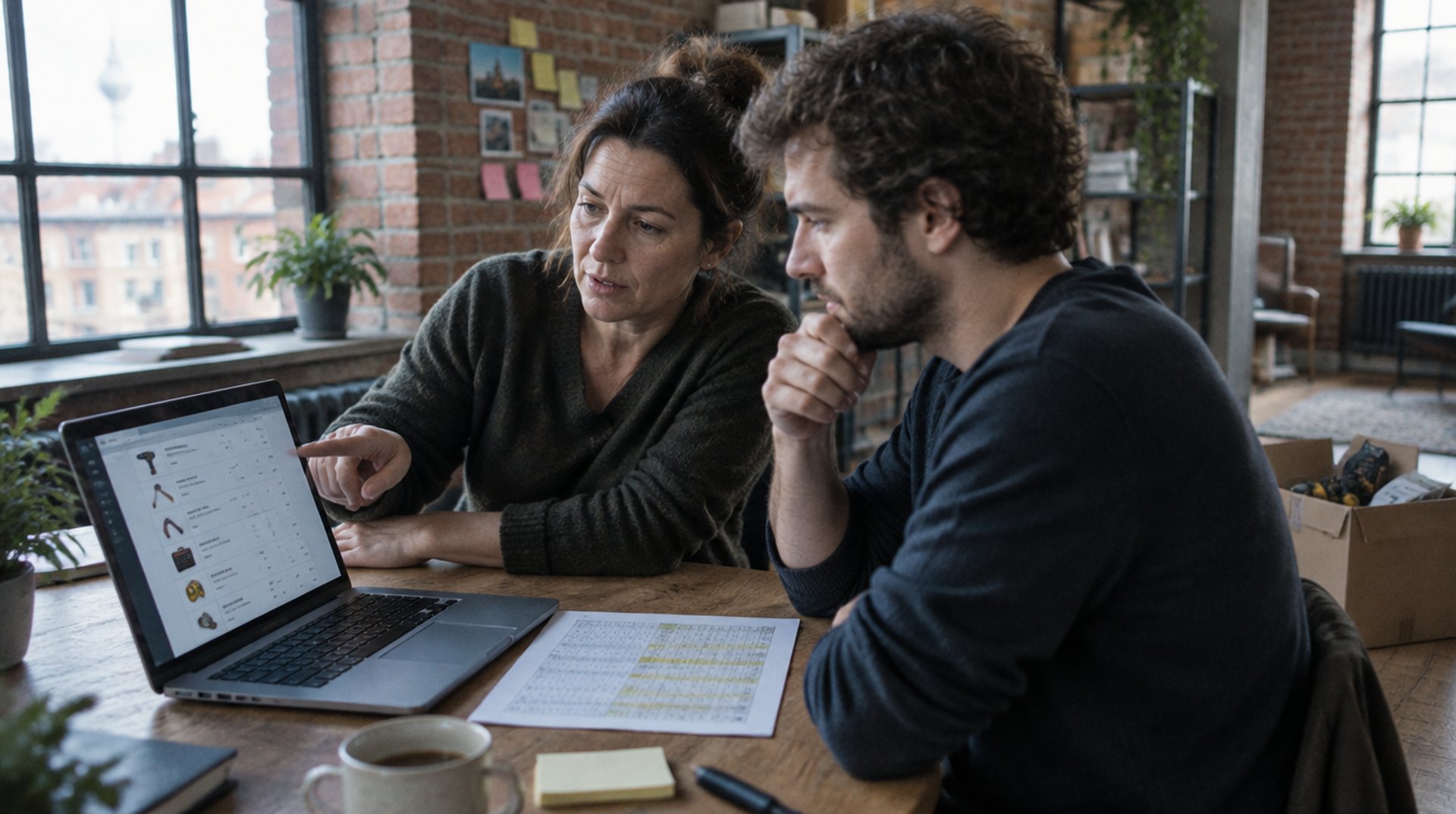 Shop-Inhaberin und Shopify Freelancer sitzen in einem Berliner Loft am Laptop und gehen die Produktliste des alten Shops durch, daneben ein Umzugskarton