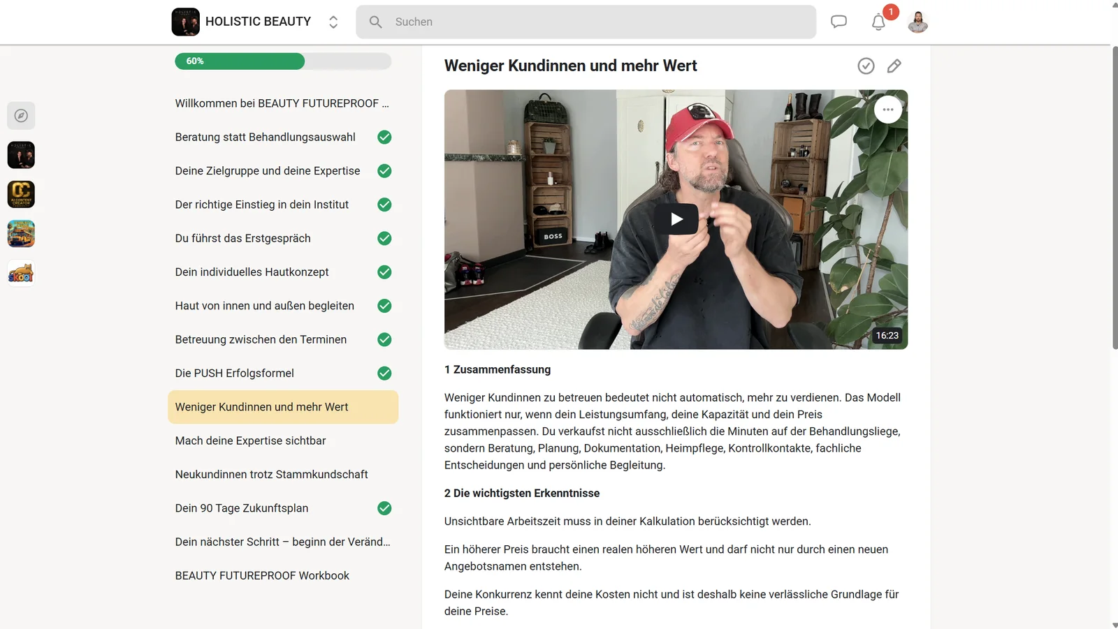 Echte BEAUTY FUTUREPROOF Videolektion „Weniger Kundinnen und mehr Wert“ in Skool