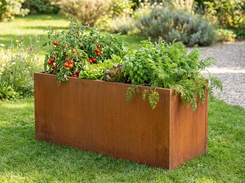 Hochbeet aus Cortenstahl mit Tomaten und Kräutern im Rasen