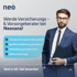 Mann in Anzug hält Mappe, daneben Text: "Werde Versicherungs- & Vorsorgeberater bei Neosana!" und Vorteile.