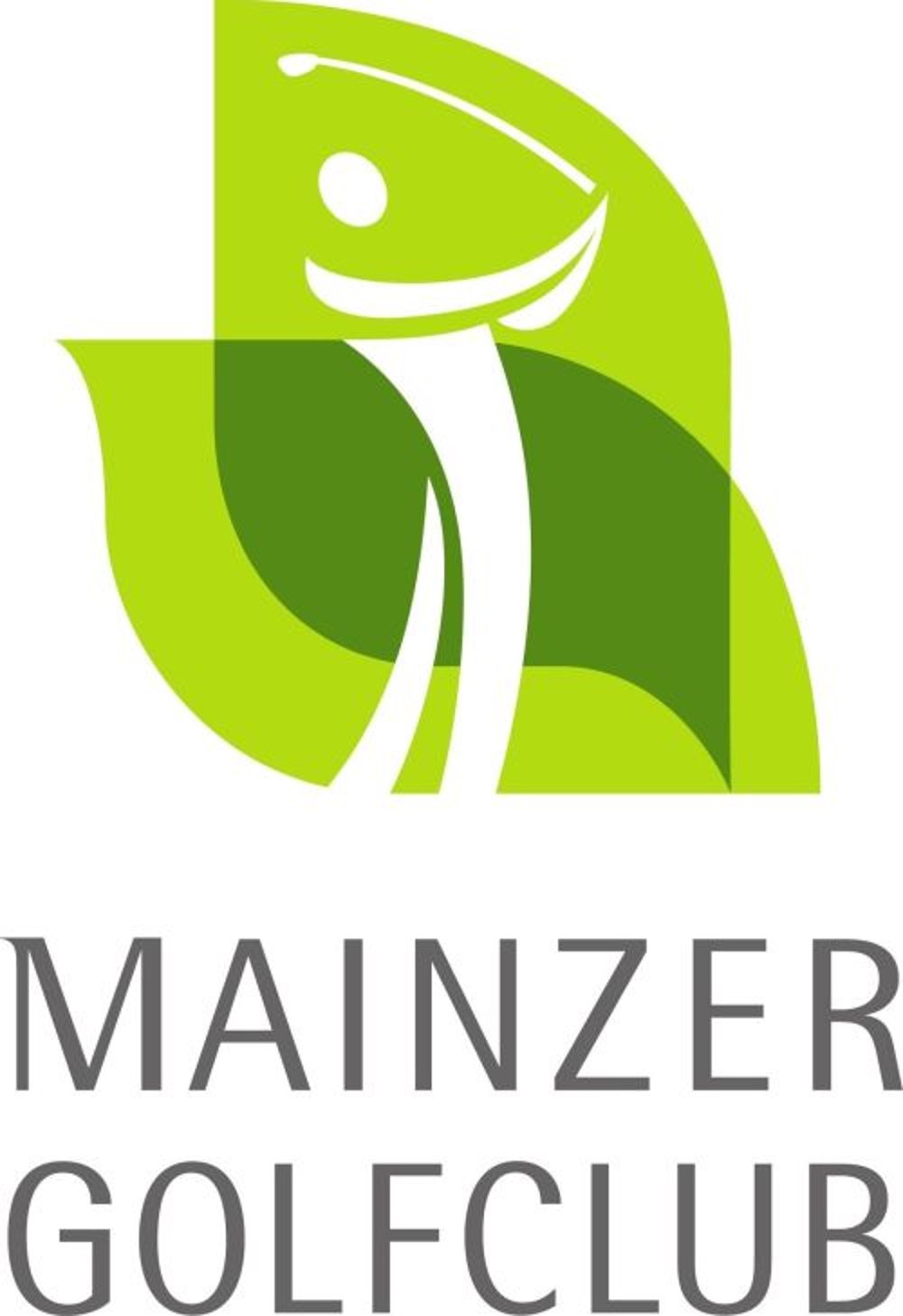 Green abstract leaves form a golfer swinging a club. Below, "MAINZER GOLFCLUB" in gray text.