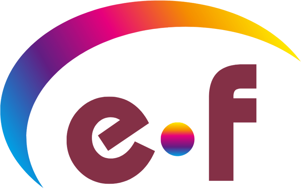Logo mit den Buchstaben e und f in Dunkelrot, getrennt durch einen bunten Punkt unter einem regenbogenfarbenen Bogen.
