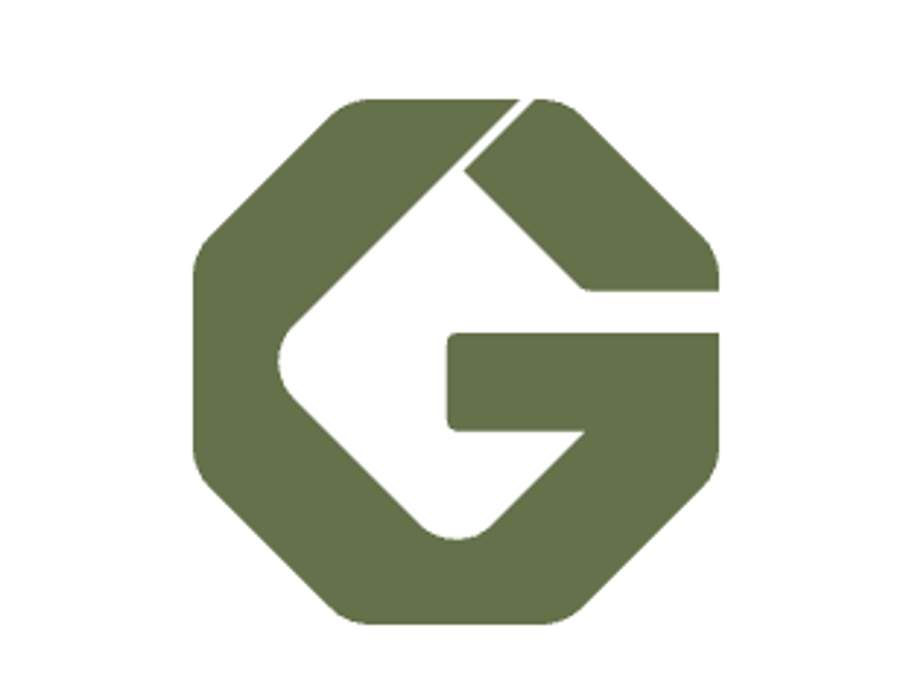 Stylisiertes, achteckiges G-Logo in dunklem Olivgrün auf weißem Hintergrund.