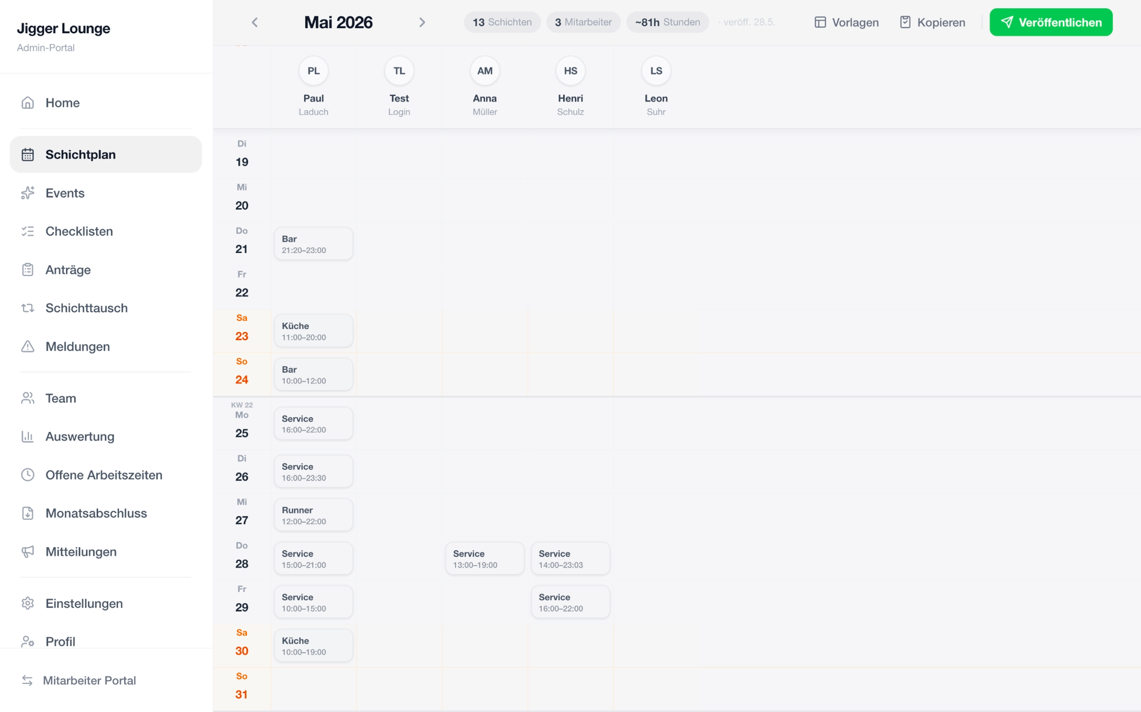 Schichtplan im cohra Admin-Portal