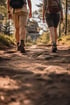 Zwei Personen mit Rucksäcken wandern in Wanderschuhen auf einem steinigen Waldweg in Richtung einer Felsformation.