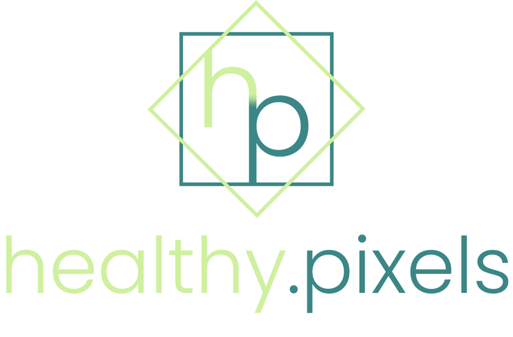 Logo von Healthy Pixels mit einem verbundenen Pixelmuster in Türkis und Hellgrün über dem Text.