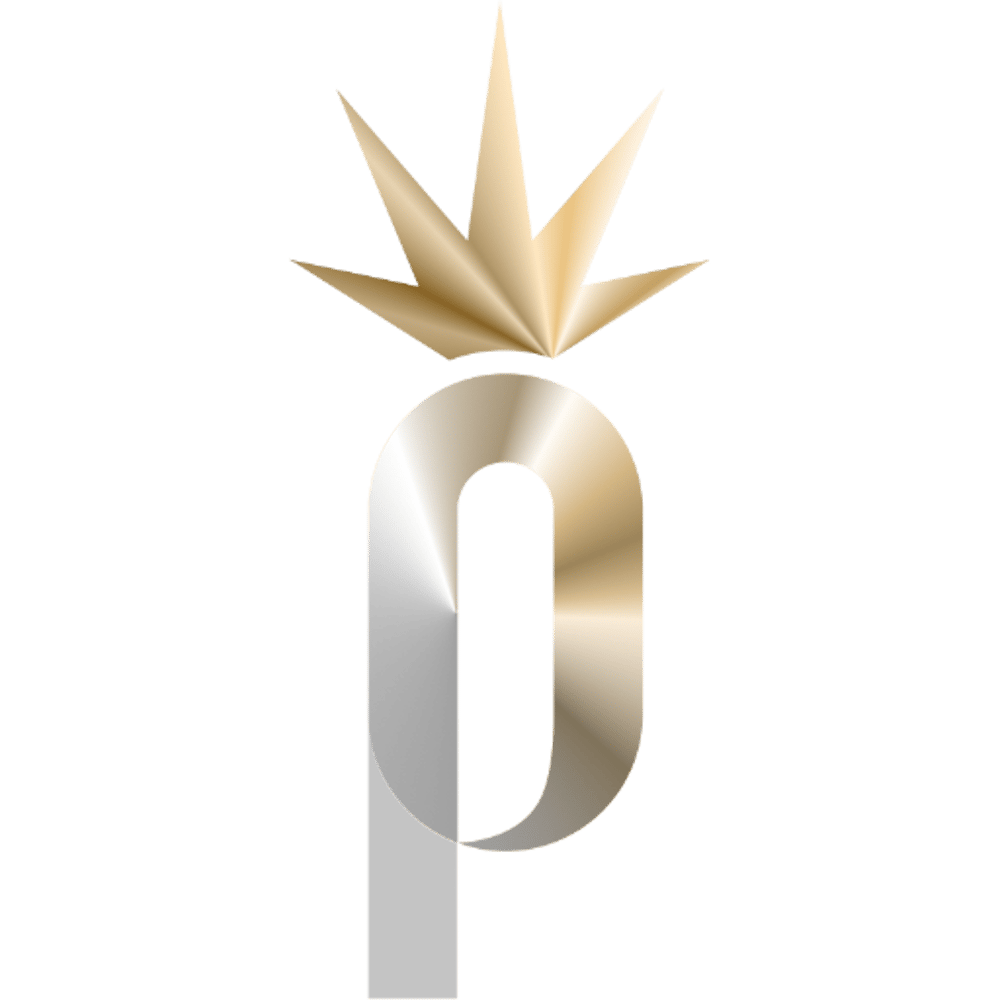 Stylisiertes goldenes „P“ mit einer goldenen Krone auf einem dunkelgrünen Hintergrund.