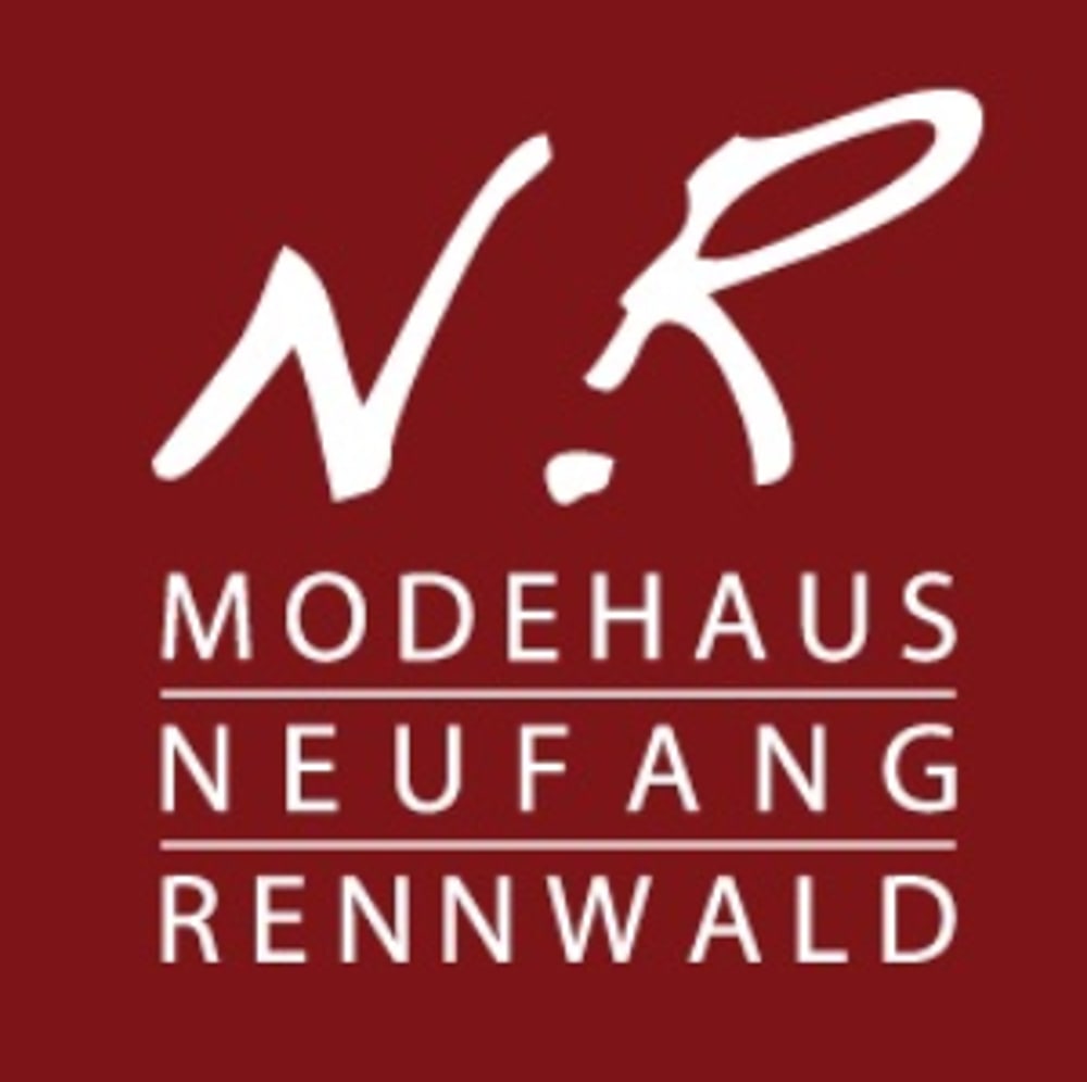 Weißes Logo auf rotem Grund: "N.R." groß, darunter "MODEHAUS NEUFANG RENNWALD".