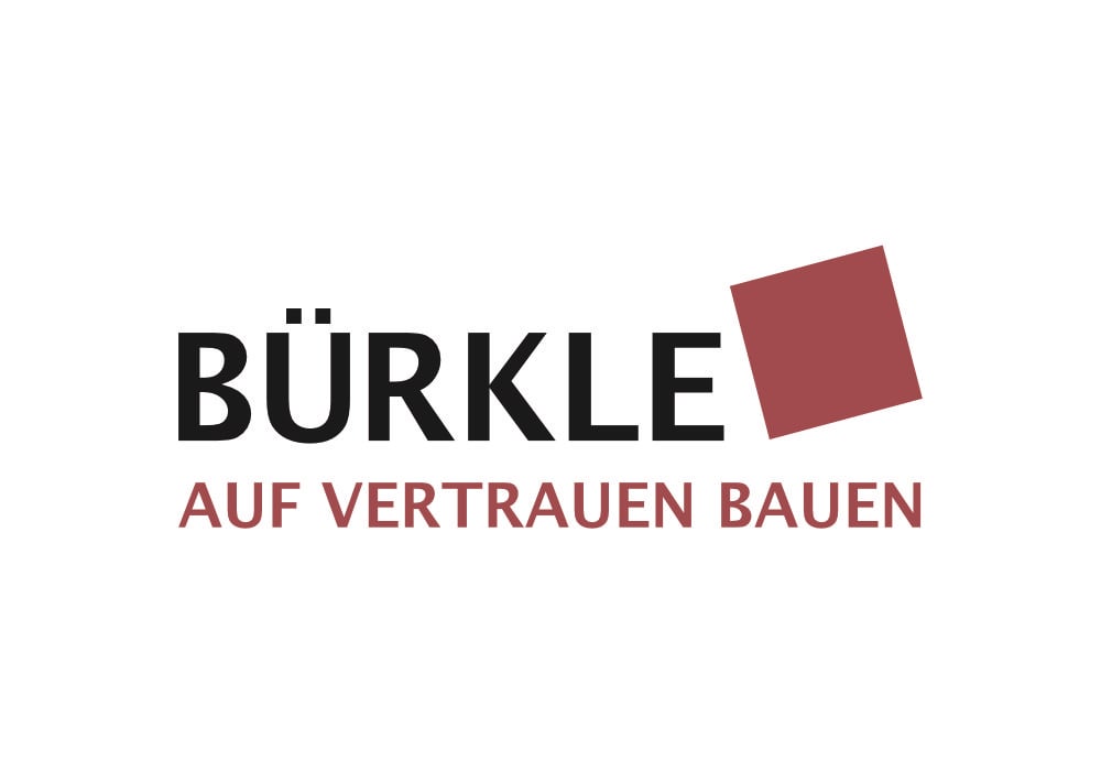 Bürkle Logo mit dem Slogan AUF VERTRAUEN BAUEN und einem roten, geneigten Quadrat auf weißem Hintergrund.