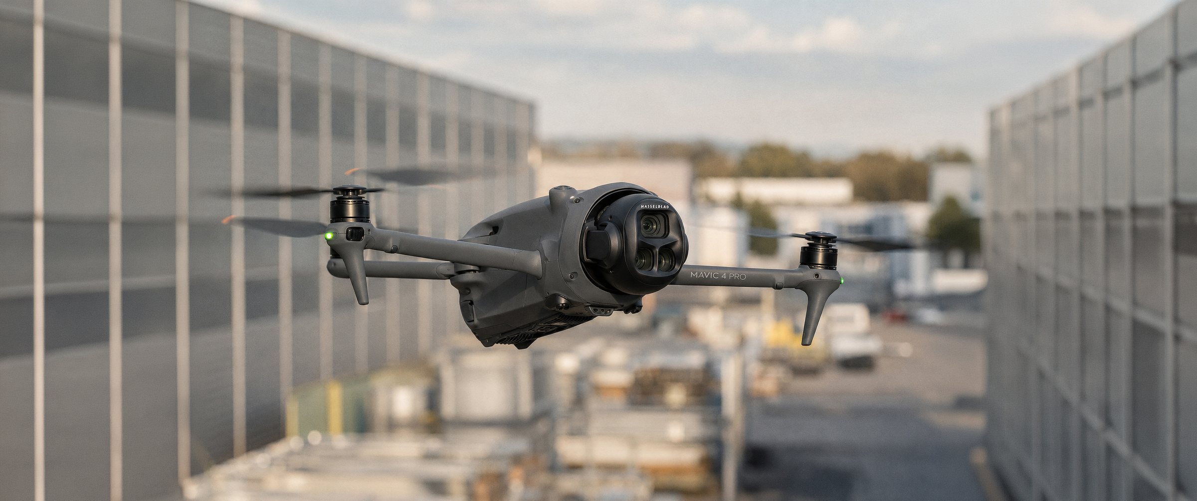 DJI Mavic 4 Pro im Flug über einem Gewerbegelände