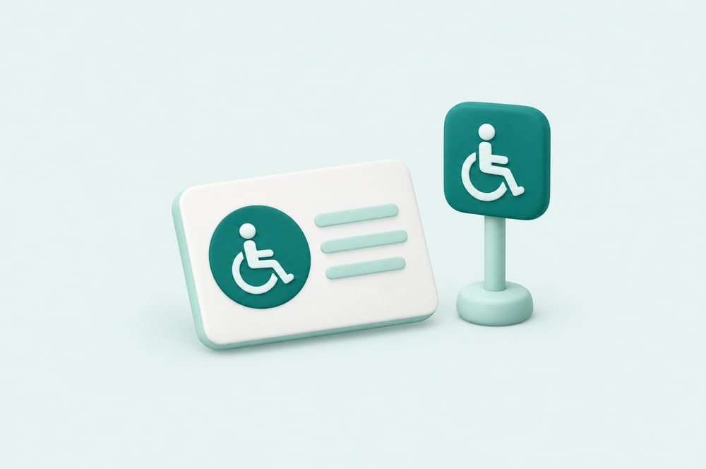 Illustration: Ausweis und Parkschild mit Rollstuhlsymbol