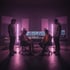 Silhouetted group of producers working together, lit by magenta pink rim light beams