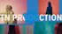 Vier Bilder einer Person vor farbigen Hintergründen mit dem Text "TN PRODUCTION" und einem blauen Klecks.