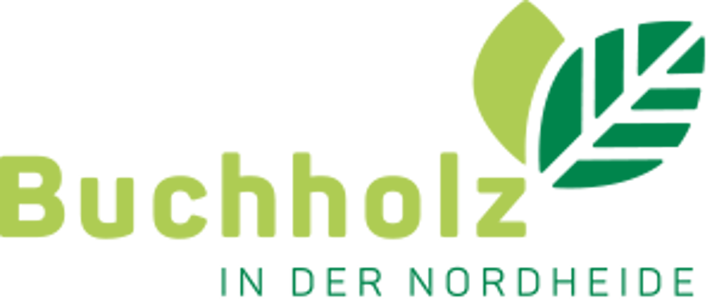 Logo mit hell- und dunkelgrünen Blättern und dem Text "Buchholz IN DER NORDHEIDE".