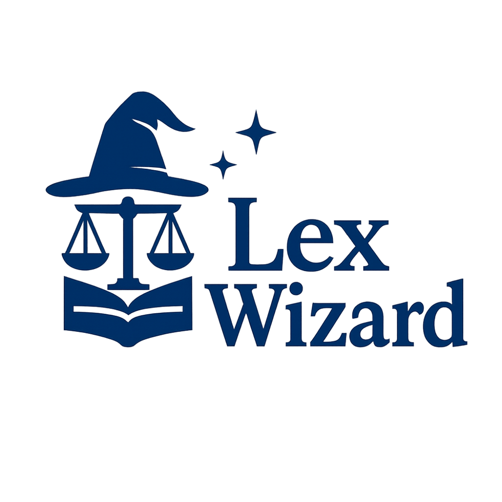 Lex Wizard Logo mit Waage, offenem Buch, Zauberhut und Sternen.