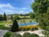 Moderner Schwimmteich im grünen Garten mit gelben Blumen, Buchsbaumkugeln und Steinen unter blauem Himmel.