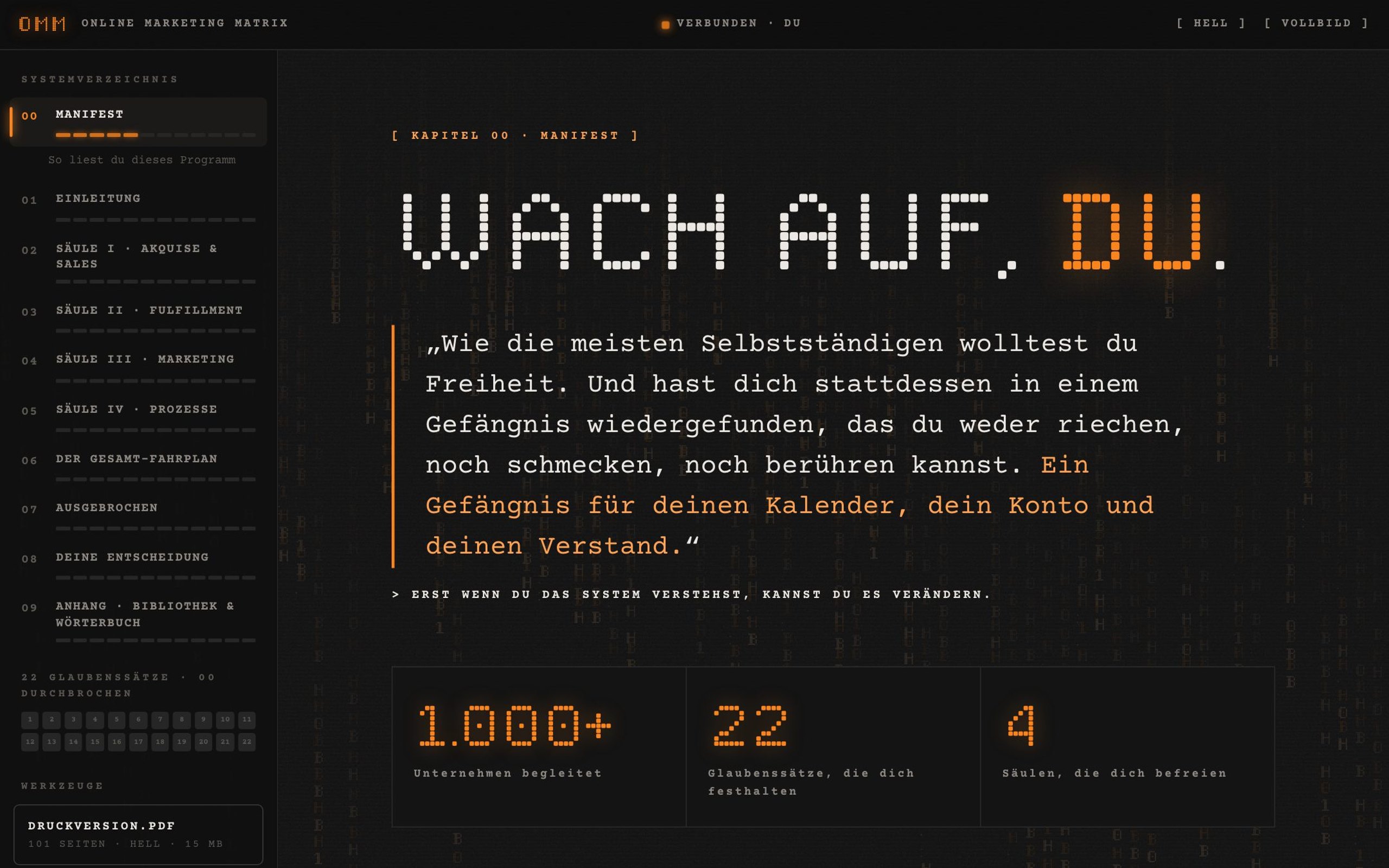 Vorschau der OMM-App: Kapitel Manifest