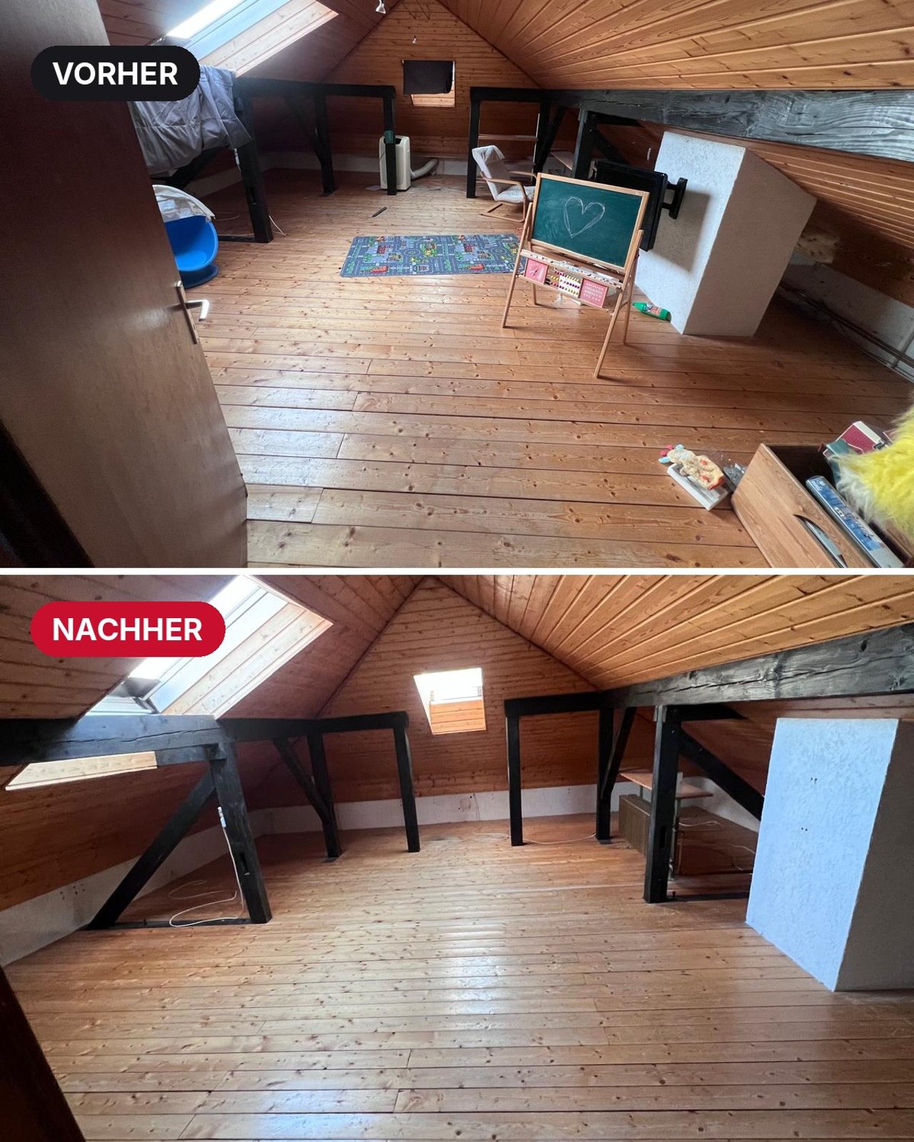 Zimmer im Dachgeschoss vor und nach der Räumung