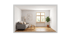 Modernes Wohnzimmer mit grauem Sofa, Holz-Couchtisch, Fischgrätparkett, Zimmerpflanze und Fenster in weißem Raummodul.