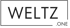 Schwarzer Text WELTZ in einem Rechteck, darunter .ONE