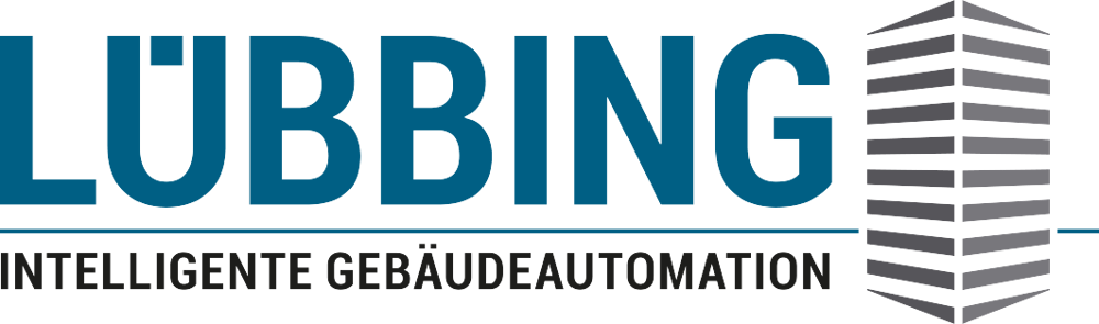 Lübbing Logo mit dem Slogan Intelligente Gebäudeautomation und einem stilisierten Hochhaus-Symbol.