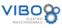 VIBO ELEKTRO MASCHINENBAU Logo mit blauer Schrift und drei Zahnrädern, zwei blau, eines grau.