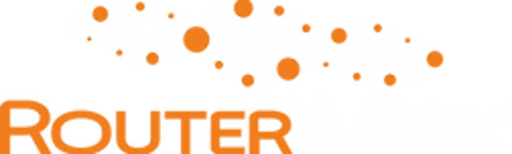 Logo von RouterWerk mit orangefarbenem "Router" und schwarzem "Werk" unter einem DNA-ähnlichen Muster aus Punkten und Linien.