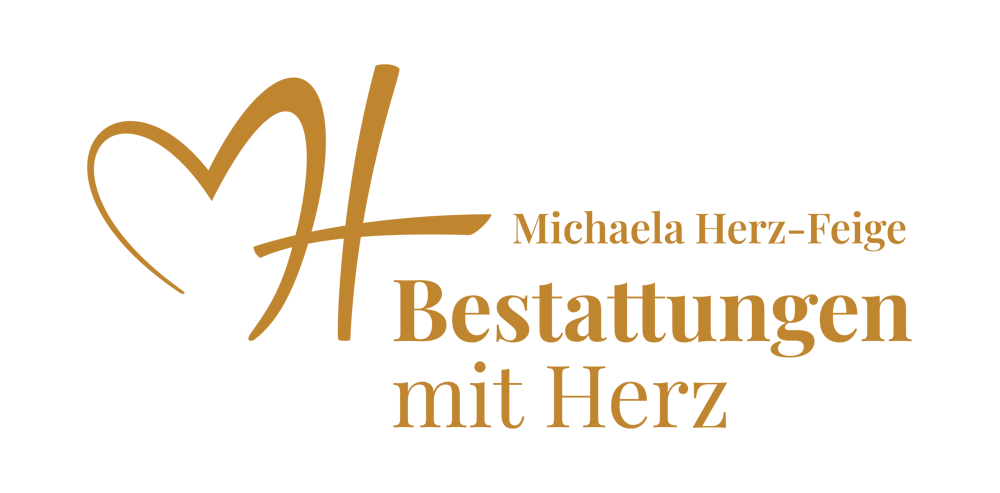 Logo mit Michaela Herz-Feige Bestattungen mit Herz, goldenem Schriftzug und Herz-Symbol.