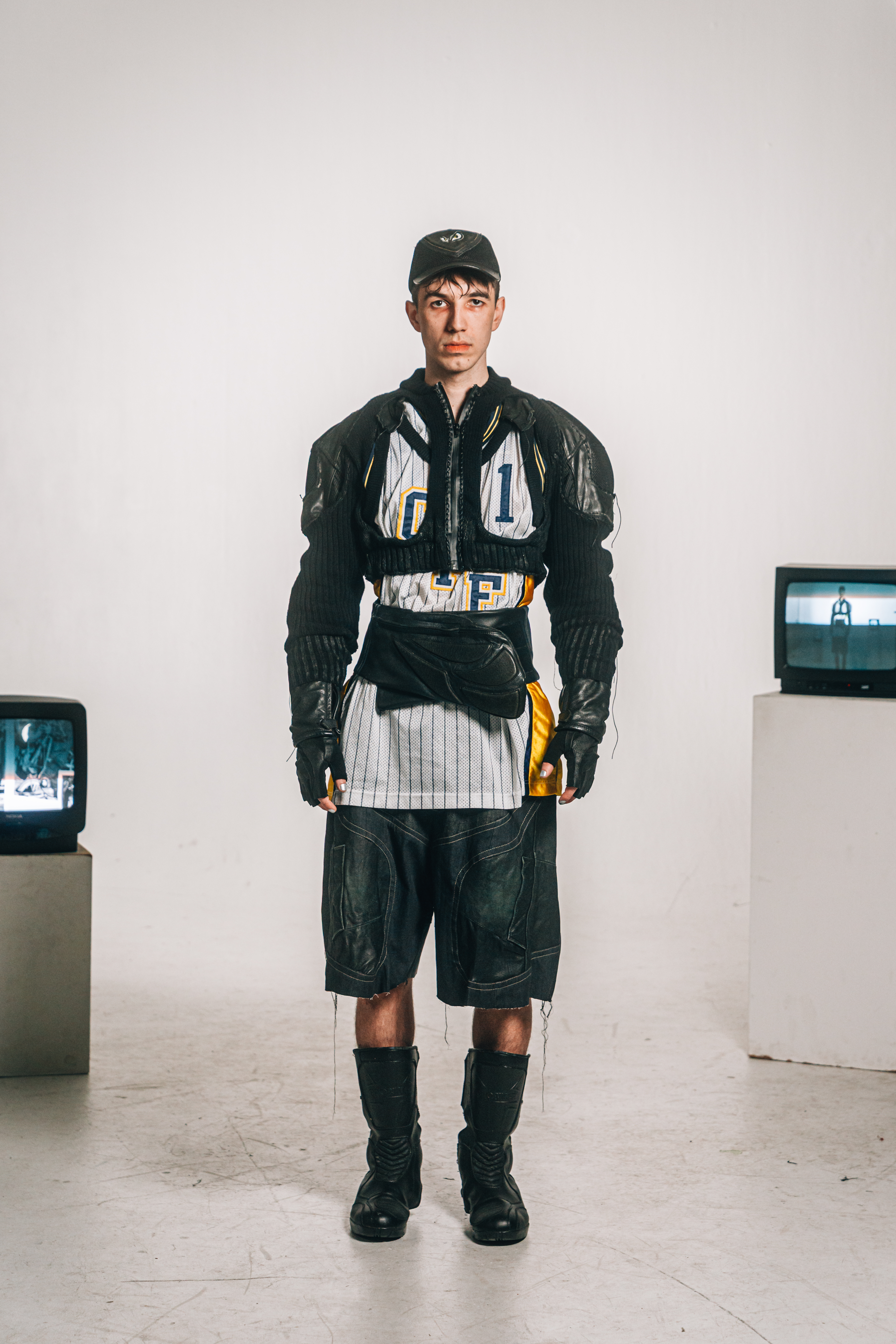 enim jorts with leather details and a leather-knit biker jacket