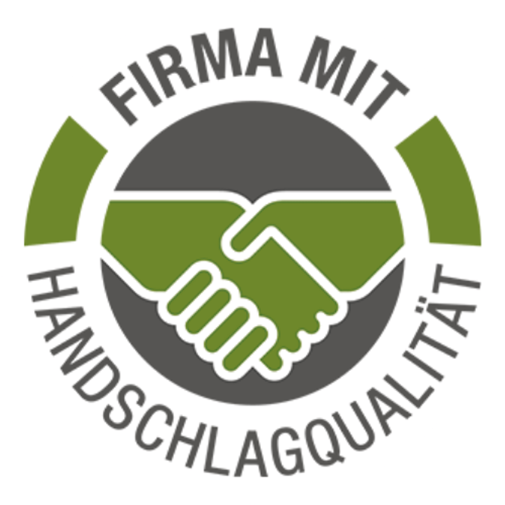 Rundes Siegel mit Händedruck-Symbol und dem Text „Firma mit Handschlagqualität“ in Grün und Grau.