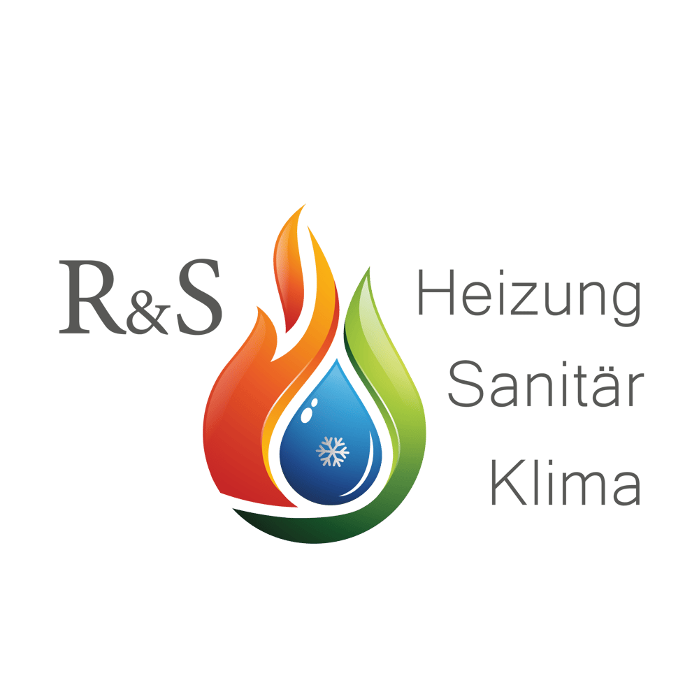 Logo mit Flamme, Wassertropfen mit Schneeflocke und grünem Blatt; Text "R&S Heizung Sanitär Klima".