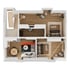 3D-Grundriss einer Wohnung mit zwei Schlafzimmern, Wohnbereich, Essplatz, Küche und Treppenhaus in Draufsicht.