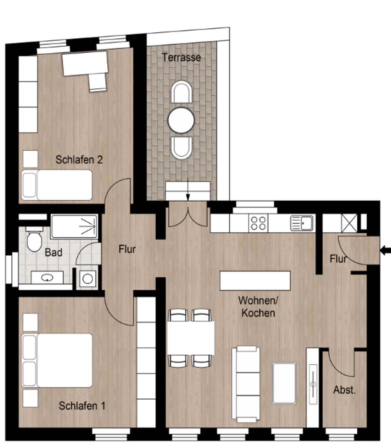 Grundriss Wohnung 02, Erdgeschoss links, 3 Zimmer mit Terrasse