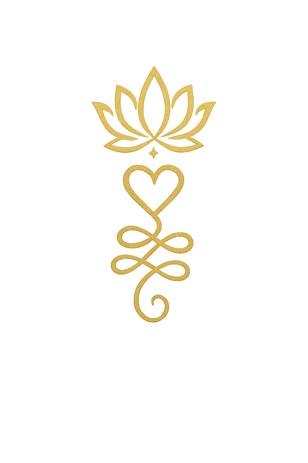 Goldene Lotusblume über einem Unalome-Symbol mit Herz und Schleifen auf dunkelgrünem Hintergrund.