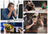Vier Bilder: Mann reibt Augen am Schreibtisch; Vater arbeitet mit zwei Kindern; Mann trinkt Bier; Burger und Dose.