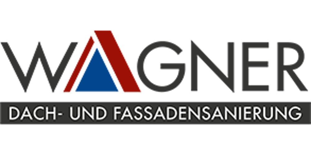 Logo "WAGNER" mit rotem und blauem Dreieck als "A", darunter "DACH- UND FASSADENSANIERUNG".