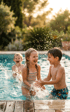 Drei lachende Kinder planschen und spritzen Wasser in einem Pool, mit einem Holzdeck im Vordergrund.