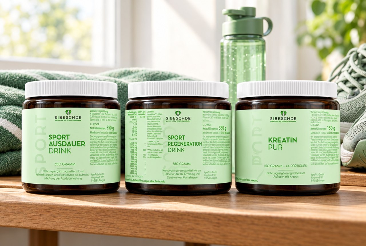 S|BESCHDE Sport Ausdauer Drink, Sport Regeneration Drink und Kreatin Pur auf einer Holzbank mit Sporthandtuch, Trinkflasche und Laufschuhen im Morgenlicht