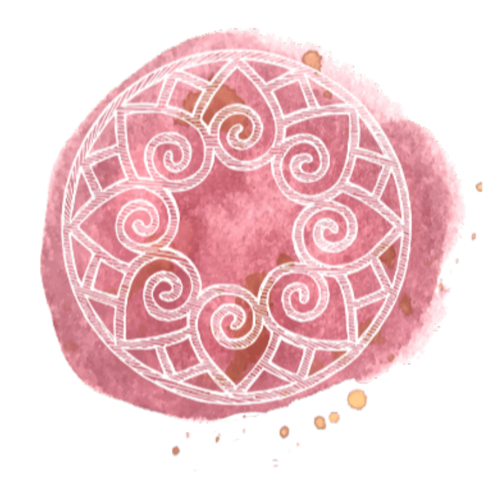 Weißes, kreisförmiges Mandala mit Spiralen und geometrischen Mustern auf einem rosa Aquarell-Hintergrund.