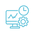 Ein Computermonitor mit einem Liniendiagramm, einer Uhr und einem Zahnrad-Symbol in Blau auf dunklem Hintergrund.