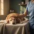 Eine Person in blauer medizinischer Kleidung streichelt einen liegenden Golden Retriever auf einem Untersuchungstisch.