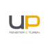 UP FENSTER & TÜREN Logo mit "UP" in Grau und Gold, darunter "FENSTER & TÜREN" in Grau.