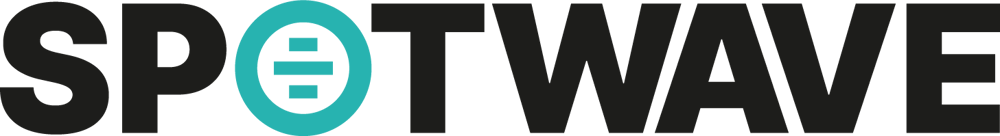 SPOTWAVE Logo mit schwarzem Text und einem türkisfarbenen Symbol anstelle des "O".