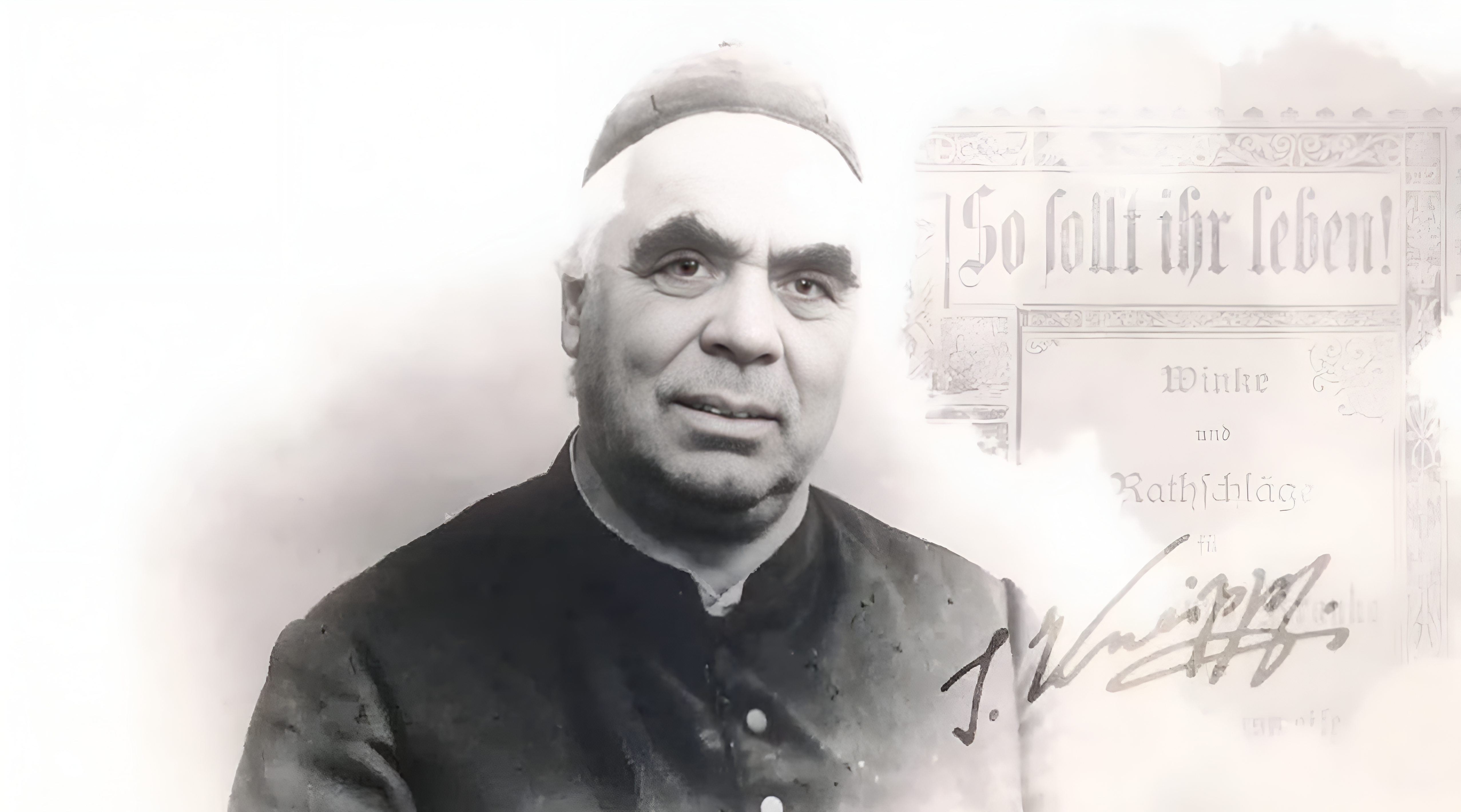 Schwarz-Weiß-Porträt des Priesters Sebastian Kneipp mit Text "So sollt ihr leben!" und seiner Unterschrift.