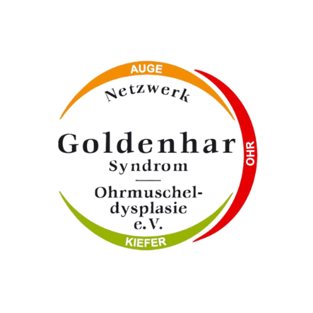Logo: "Netzwerk Goldenhar Syndrom Ohrmuscheldysplasie e.V." mit farbigen Bögen für AUGE, OHR, KIEFER.