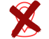 Rotes X-Symbol über einem roten Standort-Pin auf dunkelgrünem Hintergrund.